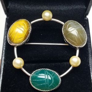 Vintage Sterling Silver Scarab Carved Stone Agate Circle Brooch, Estate